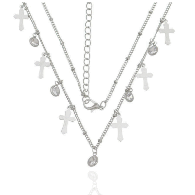 Colar Cruz e Pedra Cristal - Ródio - Gr 0744